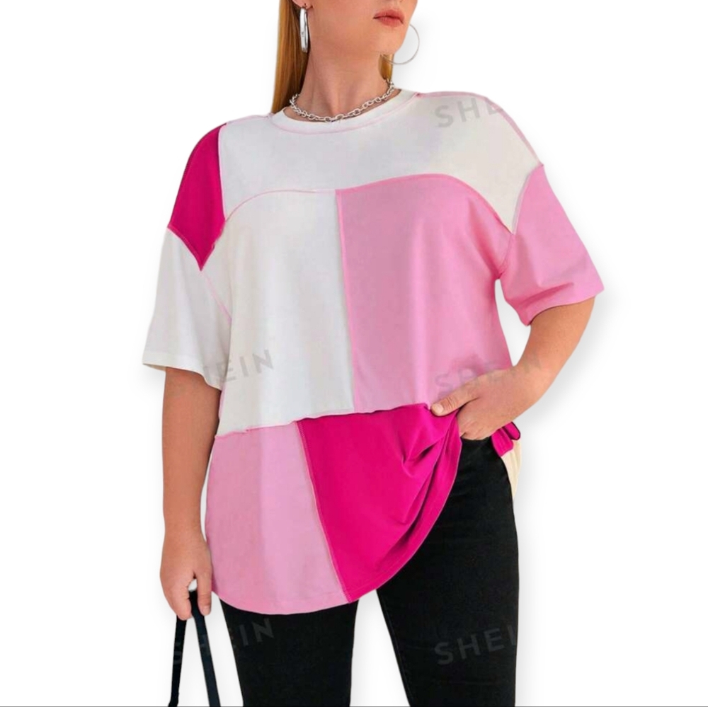 Shein Shades of Pink White Patchwork T Shirt